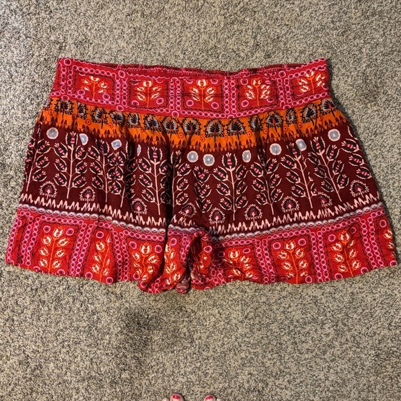 Anthropologie Boho Indie Printed Ruched Wide Leg High Rise Red Pink Shorts Sz 3X - Picture 2 of 9